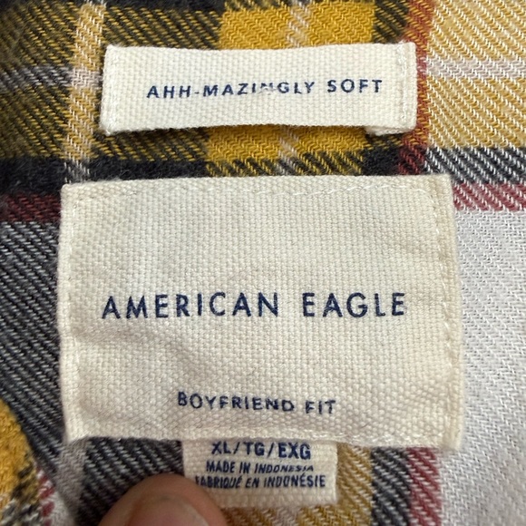 American Eagle Yellow and Black Plaid Button Down Shirt - Picture 2 of 5